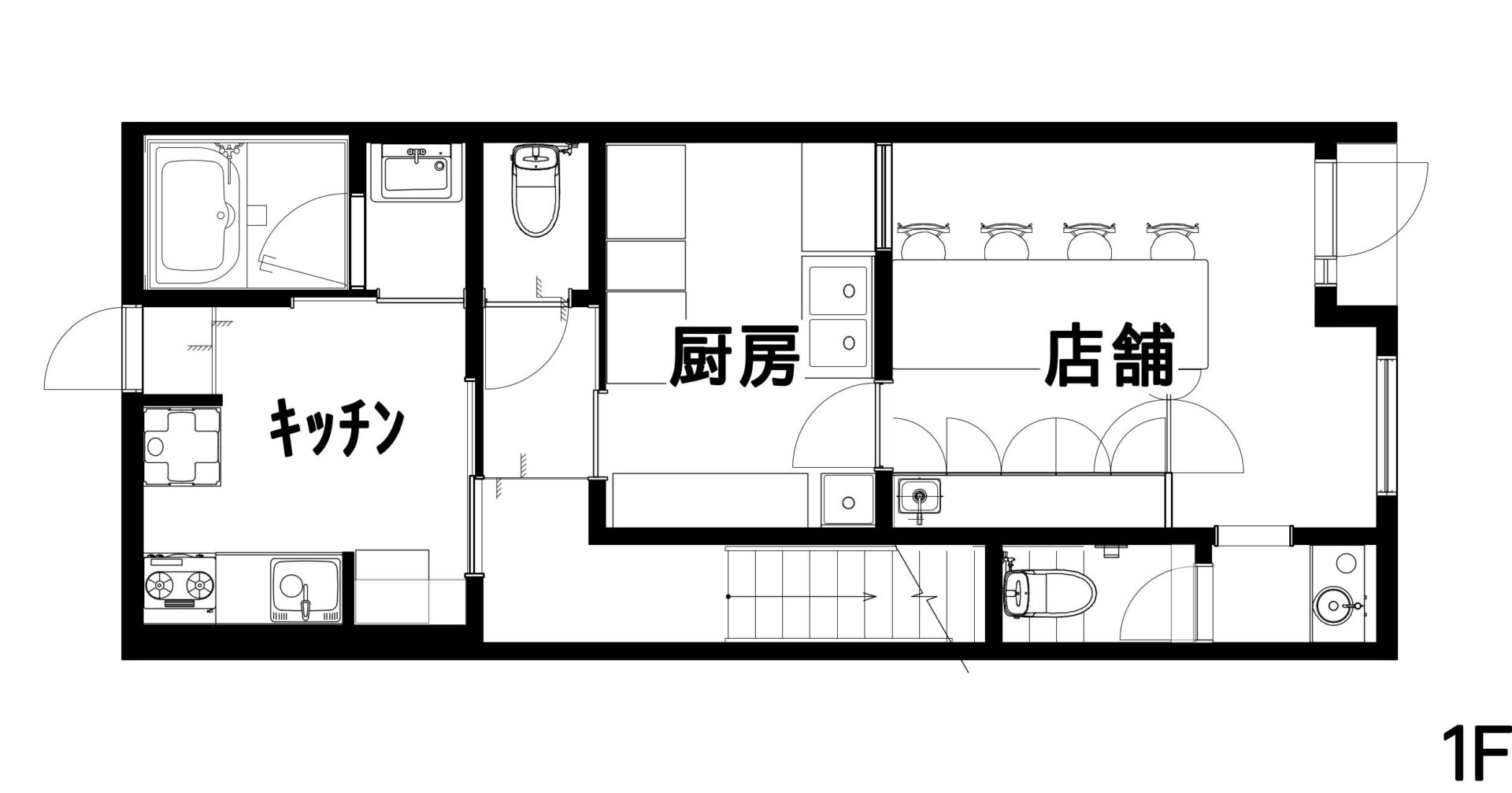 改修後の1階の間取り図。奥にキッチン、中ほどに厨房、通り側に店舗がある