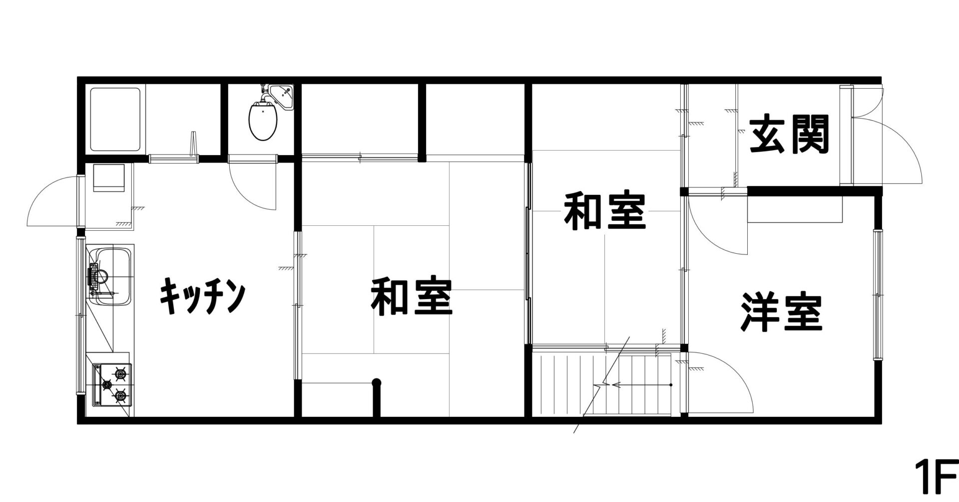 改修前の1階の間取り図。奥からキッチン、和室が2つ、手前に玄関と洋室がある