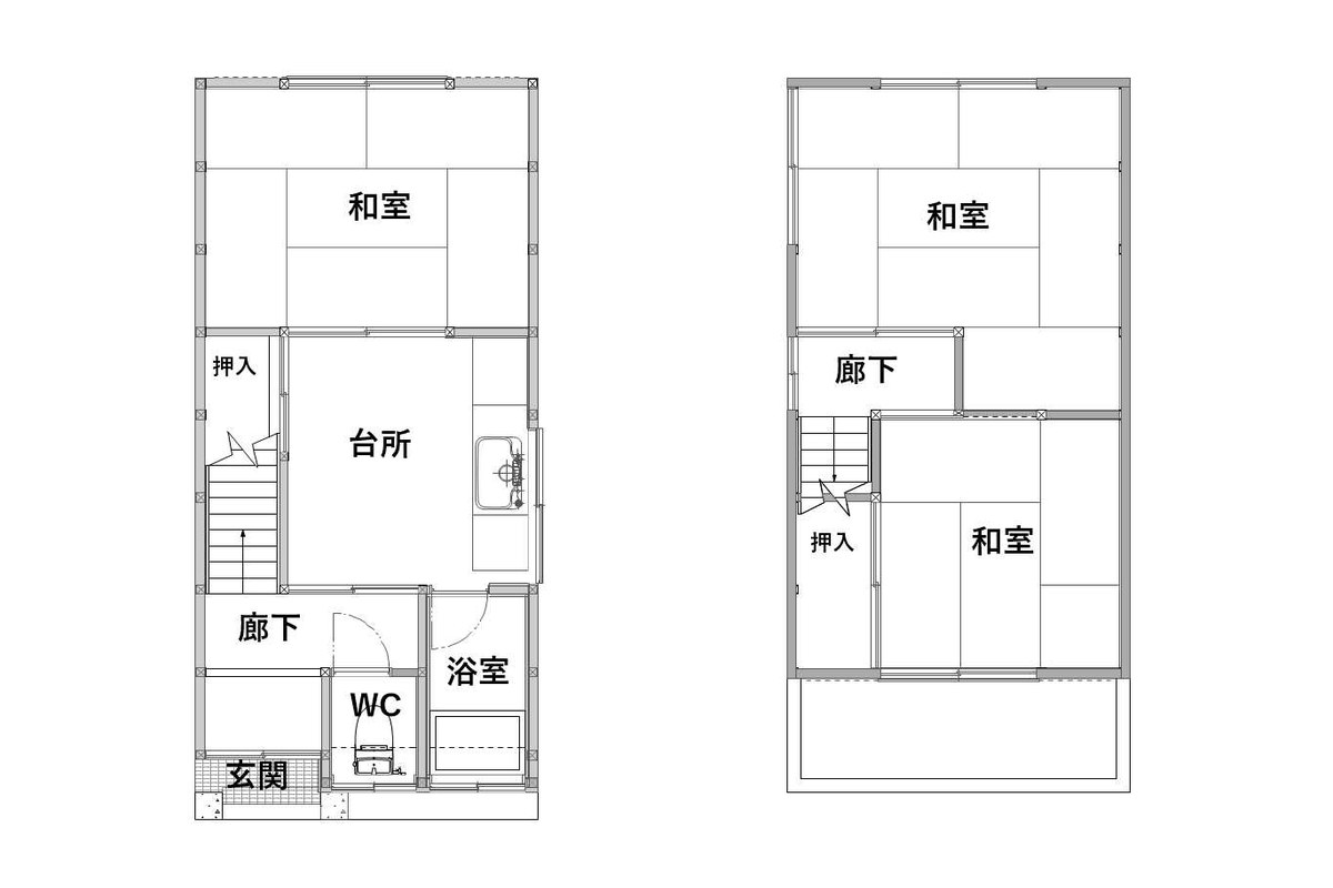 戸建てリノベーション前の間取り図（1階：和室・台所・浴室・WC／2階：和室2部屋）