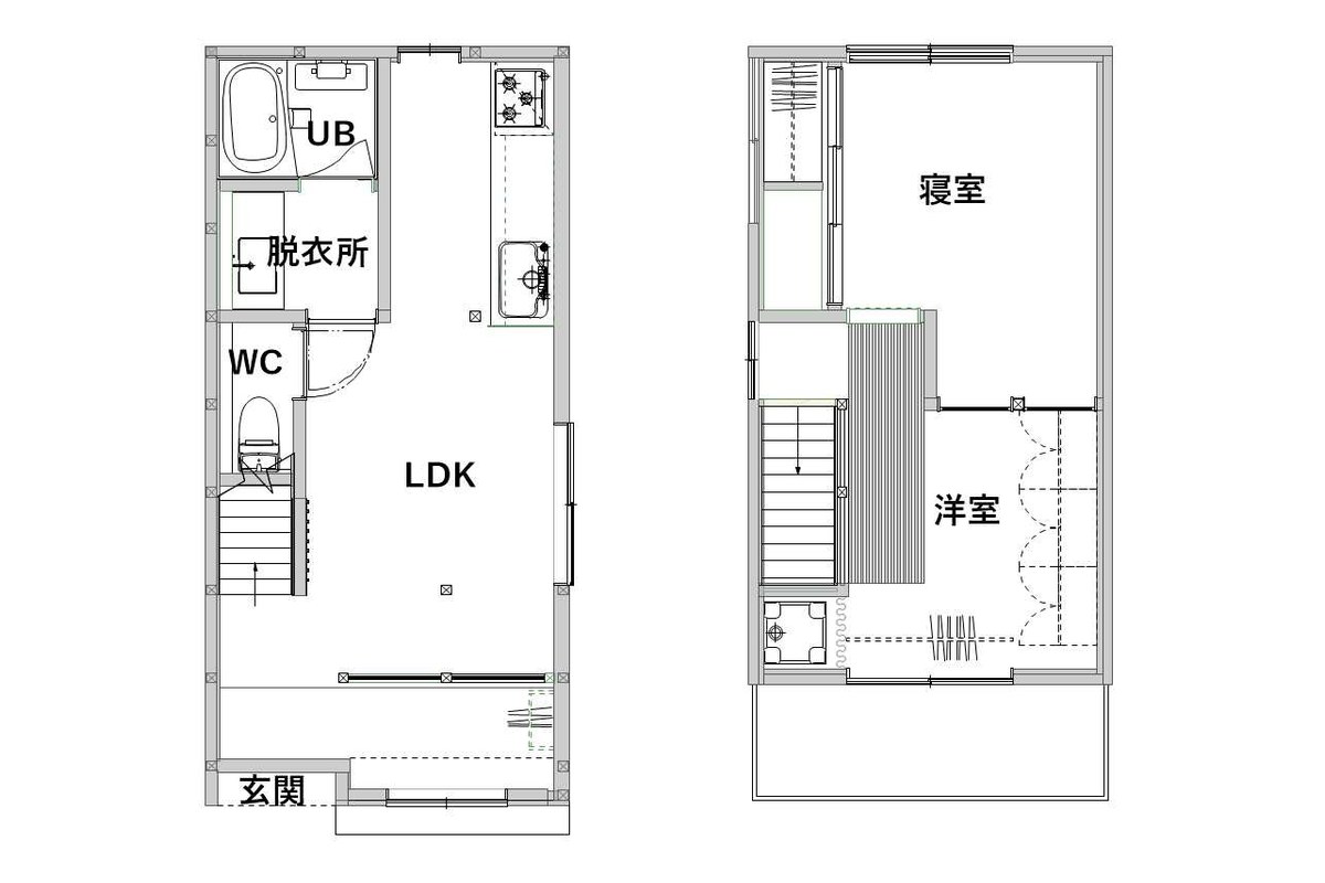 戸建てリノベーション後の間取り図（1階：LDK・UB・脱衣所・WC／2階：寝室・洋室・吹き抜けルーバー）